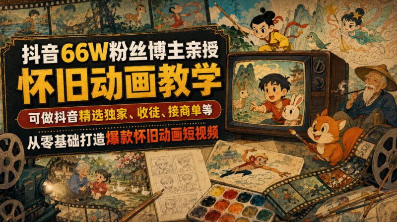 抖音66W粉丝博主亲授怀旧动画教学，可做抖音精选独家、收徒、接商单等，从零基础打造爆款怀旧动画短视频-优优云网创