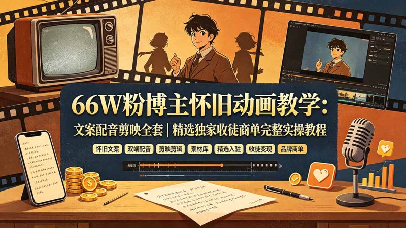 66W粉博主怀旧动画教学：文案配音剪映全套｜精选独家收徒商单完整实操教程-优优云网创