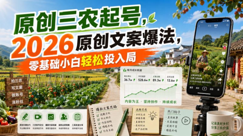 原创三农起号，2026原创文案爆法，零基础小白轻松投入局-优优云网创