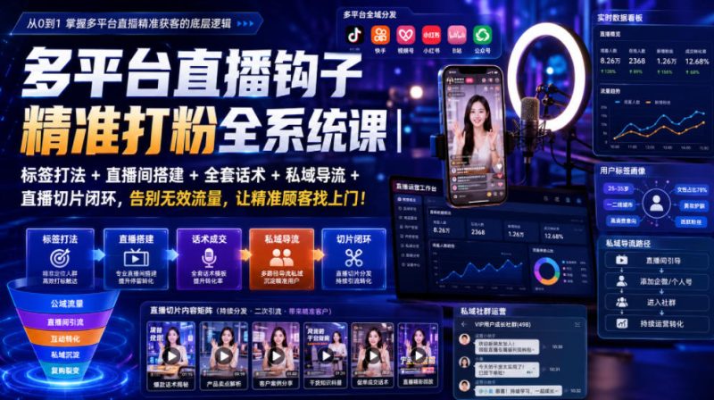 多平台直播钩子精准打粉全系统课｜标签打法+直播间搭建+全套话术+私域导流+直播切片闭环，告别无效流量，让精准顾客找上门！-优优云网创