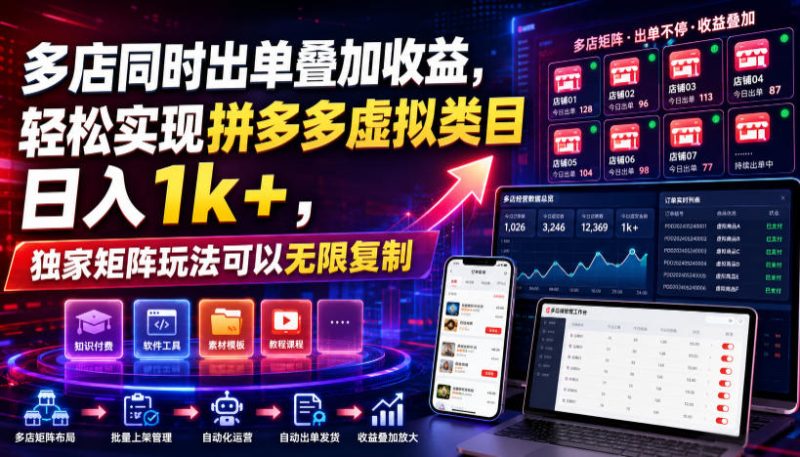 多店同时出单叠加收益，轻松实现拼多多虚拟类目日入1k+，独家矩阵玩法可以无限复制【揭秘】-优优云网创