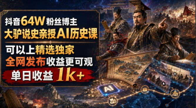 抖音64W粉丝博主大驴说史亲授AI历史课，可以上精选独家，全网发布收益更可观，单日收益1k+-优优云网创