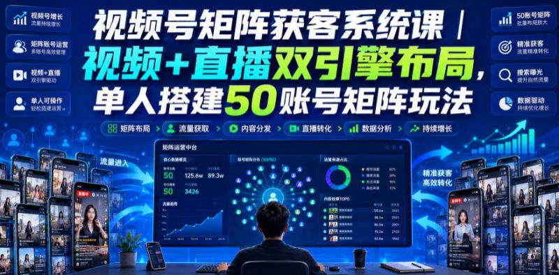 视频号矩阵获客系统课｜视频+直播双引擎布局，单人搭建50账号矩阵玩法，流量入池、搜索占位、全域引流沉淀私域全流程教学-优优云网创