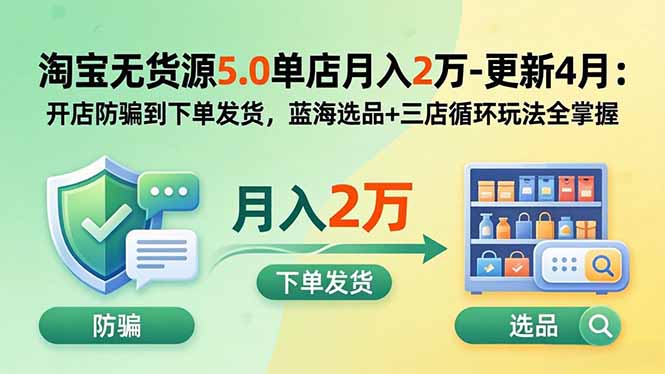淘宝无货源5.0单店月入2万-更新2026：开店防骗到下单发货，蓝海选品+三店循环玩法全掌握-优优云网创