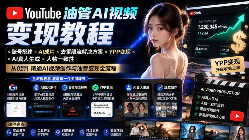 YouTube油管AI视频变现教程：账号搭建×AI成片×去重限流解决方案×YPP变现×AI真人生成×人物一致性-优优云网创