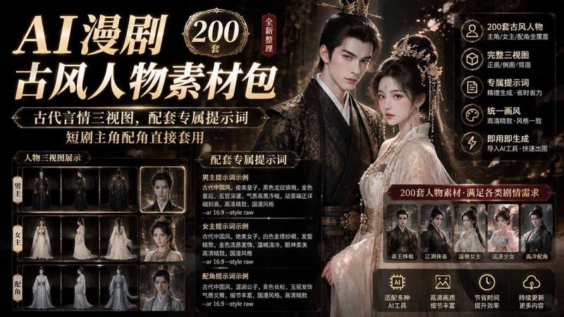 AI漫剧古风人物素材包+提示词|200 套古代言情三视图,配套专属提示词短剧主角配角直接套用-优优云网创