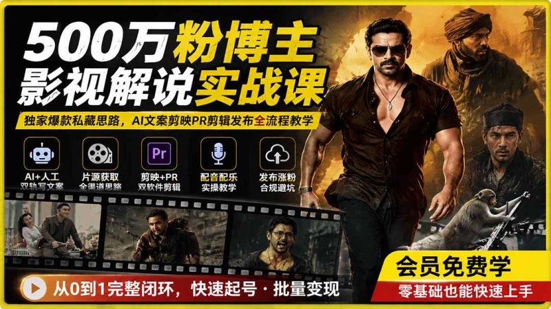 500万粉博主影视解说实战课｜独家爆款私藏思路，AI文案剪映PR剪辑发布全流程教学-优优云网创