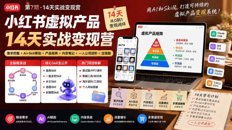 小红书虚拟产品14天实战变现营-第7期：需求挖掘×AI+Skill原创×产品矩阵×内容笔记×一人公司进阶×全链路-优优云网创