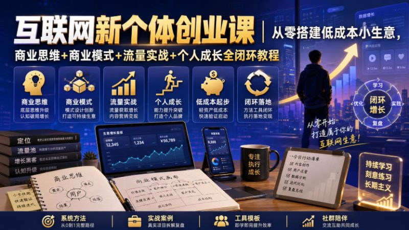 互联网新个体创业课｜从零搭建低成本小生意，商业思维+商业模式+流量实战+个人成长全闭环教程-优优云网创