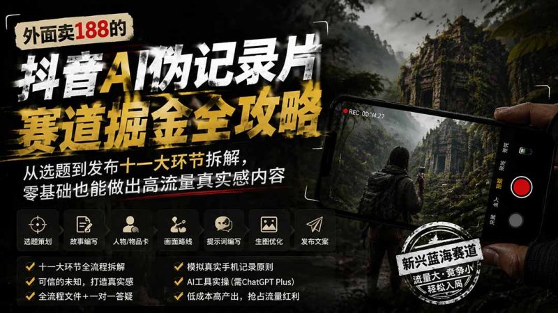 外面卖188的抖音AI伪记录片赛道掘金全攻略；从选题到发布十一大环节拆解，零基础也能做出高流量真实感内容-优优云网创
