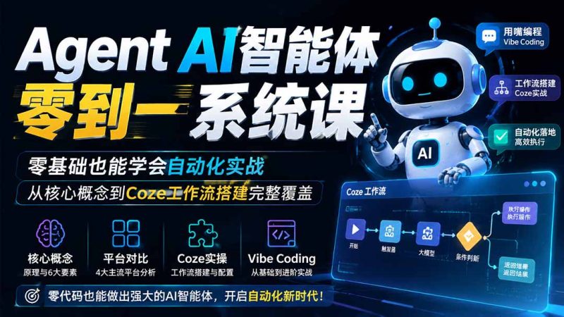 Agent AI智能体零到一系统课；零基础也能学会自动化实战，从核心概念到Coze工作流搭建完整覆盖-优优云网创