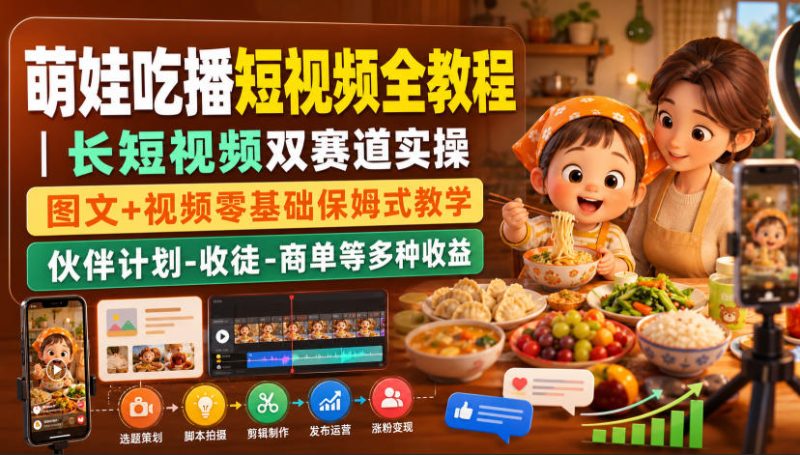萌娃吃播短视频全教程|长短视频双赛道实操,图文+视频零基础保姆式教学,伙伴计划-收徒-商单等多种变现方式-优优云网创