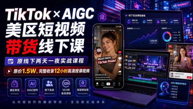 TikTok×AIGC美区短视频带货线下课，原线下两天一夜实战课程，原价1.5W，完整收录12小时高清授课视频-优优云网创