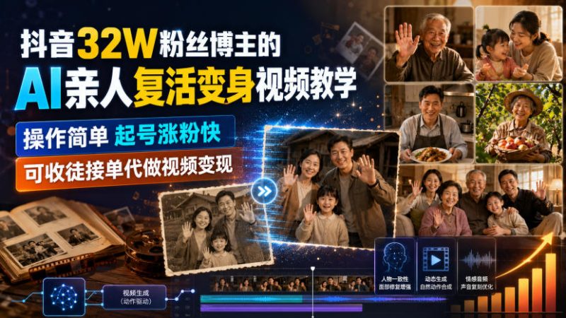 抖音32W粉丝博主的AI亲人复活变身视频教学，操作简单，起号涨粉快，可收徒接单代做视频变现-优优云网创