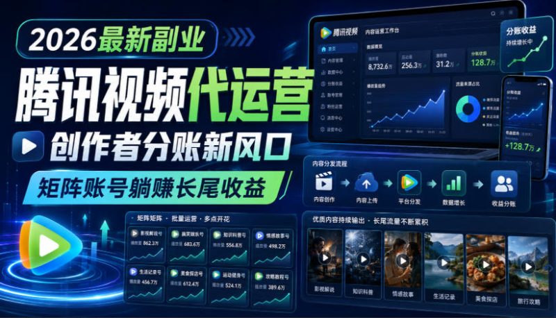 2026最新副业之腾讯视频代运营:创作者分账新风口,矩阵账号躺賺长尾收益【揭秘】-优优云网创