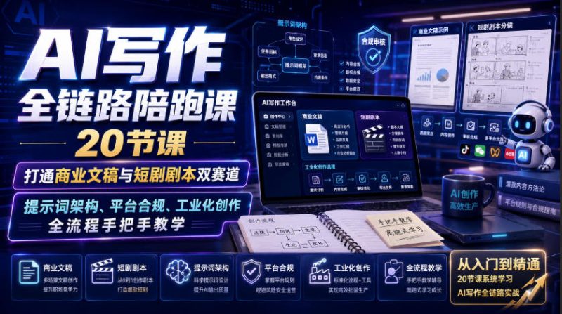 AI写作全链路陪跑课|20节课打通商业文稿与短剧剧本双赛道,提示词架构、平台合规、工业化创作全流程手把手教学-优优云网创