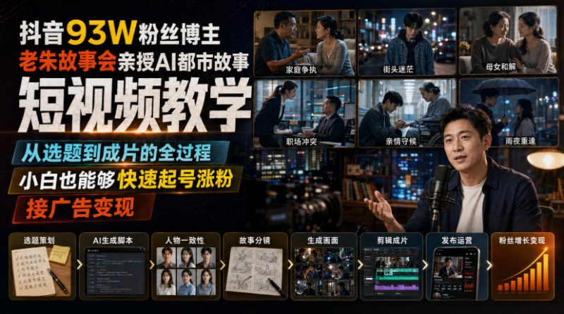 抖音93W粉丝博主老朱故事会亲授AI都市故事短视频教学,从选题到成片的全过程,小白也能够快速起号涨粉接广告变现-优优云网创