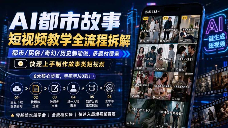 AI都市故事短视频教学全流程拆解;都市/民俗/奇幻/历史都能做多题材覆盖,快速上手制作故事类短视频-优优云网创