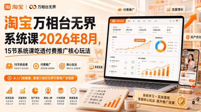 淘宝万相台无界系统课2026年8月,15节系统课吃透付费推广核心玩法-优优云网创