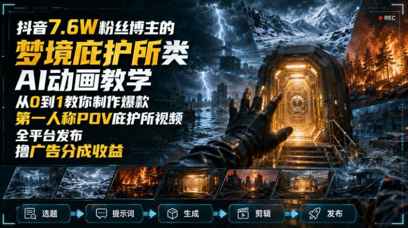 抖音7.6W粉丝博主的梦境庇护所类AI动画教学,从0到1教你制作爆款第一人称POV庇护所视频,全平台发布撸广告分成收益-优优云网创