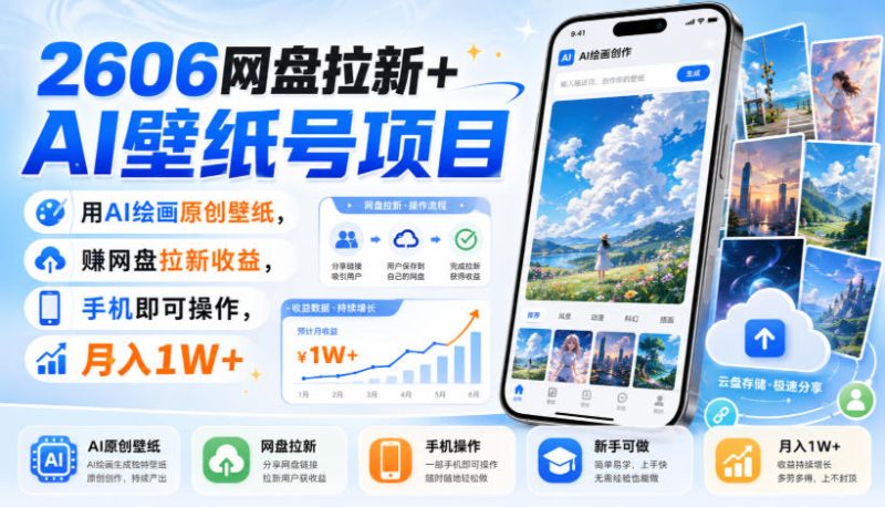2606网盘拉新+AI壁纸号项目,用AI绘画原创壁纸,賺网盘拉新收益,手机即可操作,月入1W+-优优云网创