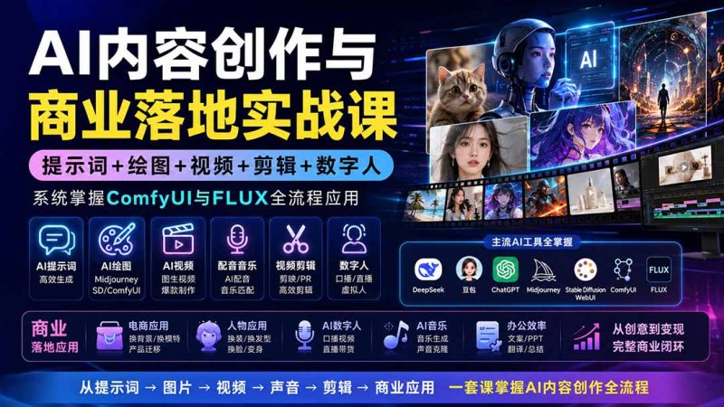 AI内容创作与商业落地实战课:提示词+绘图+视频+剪辑+数字人,系统掌握ComfyUI与FLUX全流程应用-优优云网创