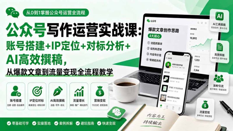 公众号写作运营实战课:账号搭建+IP定位+对标分析+AI高效撰稿,从爆款文章到流量变现全流程教学-优优云网创
