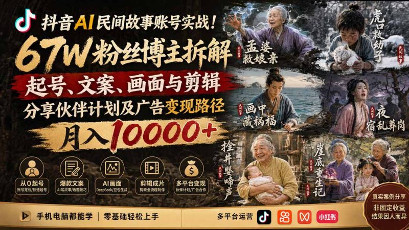 抖音AI民间故事账号实战!67W粉丝博主拆解起号、文案、画面与剪辑,分享伙伴计划及广告变现路径,月入10000+-优优云网创