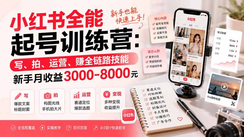小红书全能起号训练营-更新:写、拍、运营、赚全链路技能,新手月收益3000-8000元-优优云网创