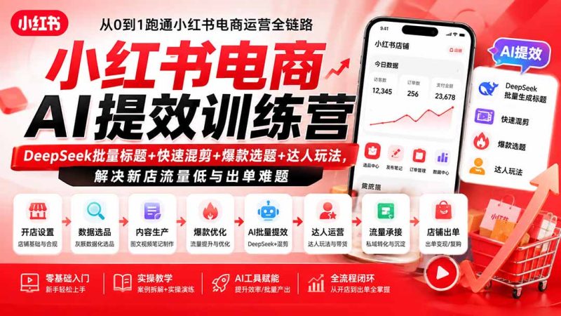 小红书电商AI提效训练营—DeepSeek批量标题+快速混剪+爆款选题+达人玩法,解决新店流量低与出单难题-优优云网创