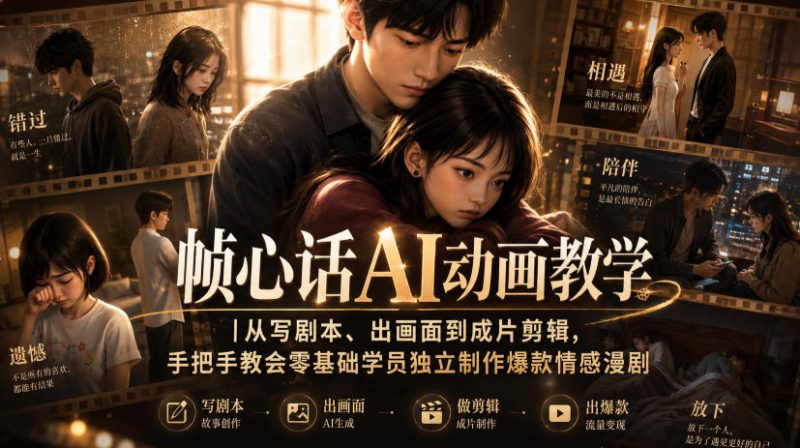 帧心话AI动画教学|从写剧本、出画面到成片剪辑,手把手教会零基础学员独立制作爆款情感漫剧-优优云网创