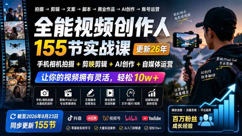 全能视频创作人155节实战课-更新26年8月：手机相机拍摄+剪映剪辑+AI创作+自媒体运营，让你的视频拥有灵活，轻松10w-优优云网创