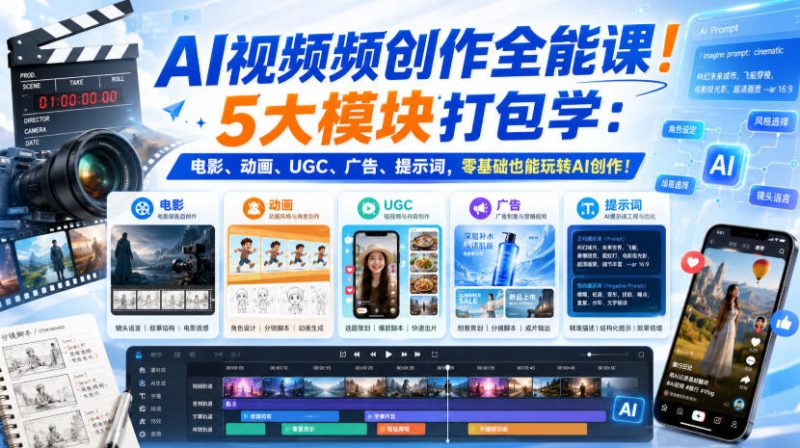 AI视频频创作全能课!5大模块打包学:电影、动画、UGC、广告、提示词,零基础也能玩转AI创作!【原创双语字幕】-优优云网创