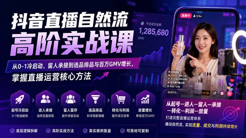 抖音直播自然流高阶实战课:从0-1冷启动、留人承接到选品排品与百万GMV增长,掌握直播运营核心方法-优优云网创