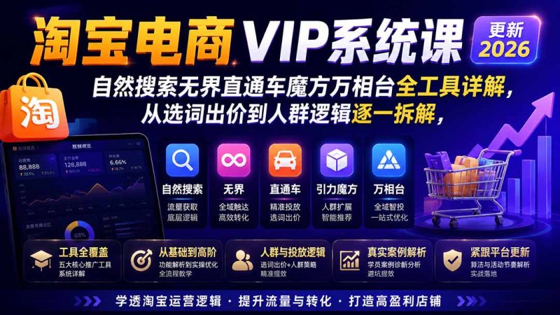 2026淘宝电商终局之战VIP课-更新:自然搜索+直通车+无界+精准人群,系统掌握测款动销与全店推广布局方法-优优云网创