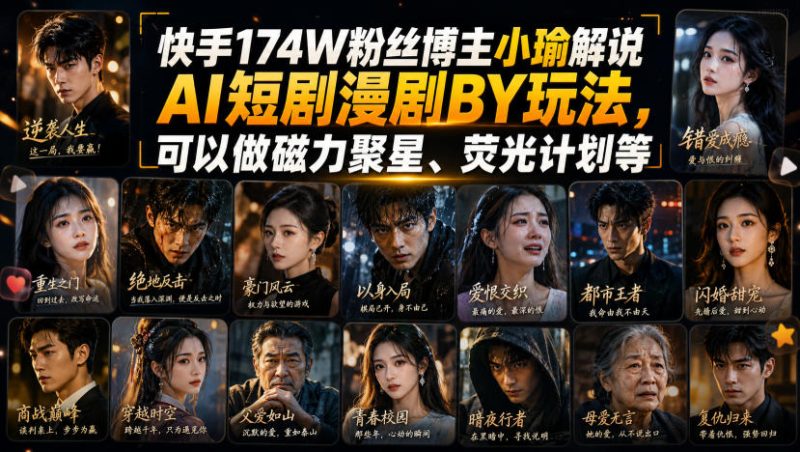 快手174W粉丝博主小瑜解说AI短剧漫剧搬运玩法,可以做磁力聚星、荧光计划等-优优云网创