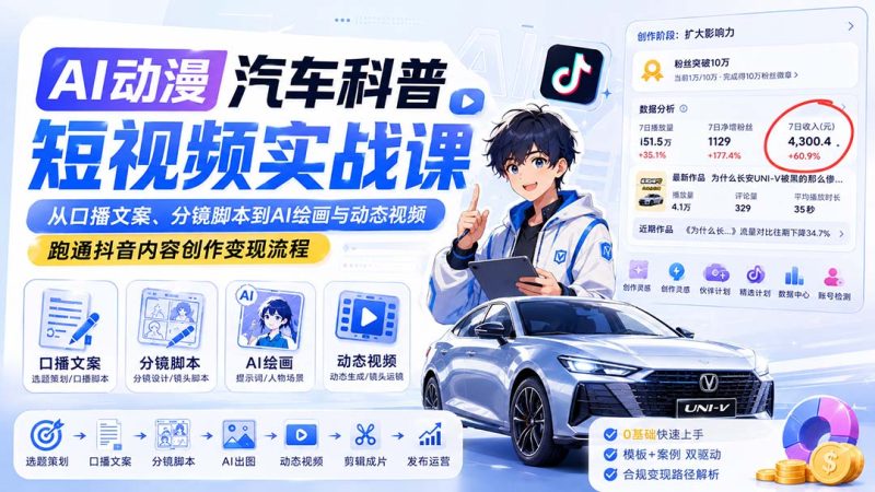 AI动漫汽车科普短视频实战课:从口播文案、分镜脚本到AI绘画与动态视频,跑通抖音内容创作变现流程-优优云网创