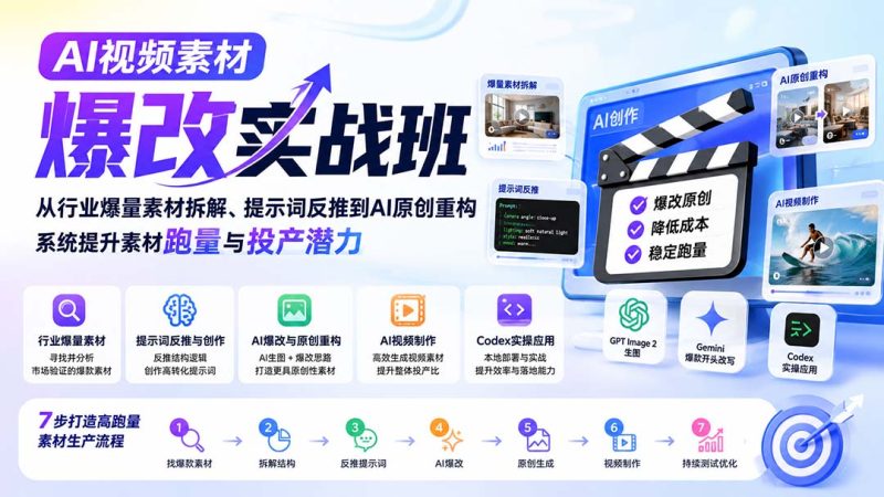 AI视频素材爆改实战班-更新8月:从行业爆量素材拆解、提示词反推到AI原创重构,系统提升素材跑量与投产潜力-优优云网创