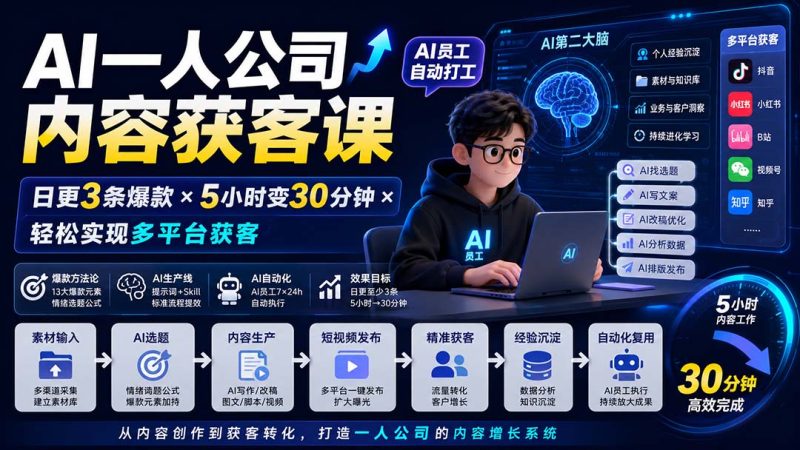 AI一人公司内容获客课-更新8月:日更3条爆款×5小时变30分钟×AI员工自动打工,轻松实现多平台获客-优优云网创