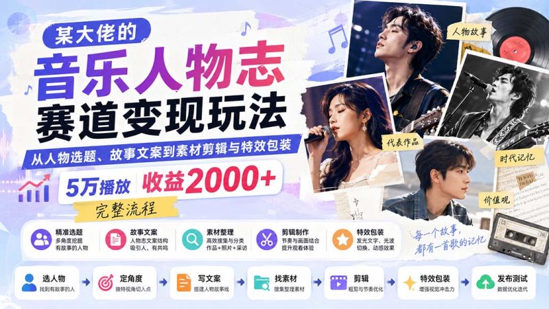 某大佬的音乐人物志赛道变现玩法:从人物选题、故事文案到素材剪辑与特效包装,5万播放收益2000+完整流程-优优云网创