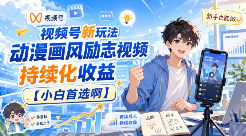 视频号新玩法动漫画风励志视频，持续化收益【小白首选啊】-优优云网创