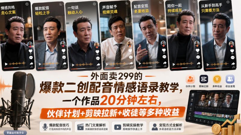外面卖299的爆款二创配音情感语录教学,一个作品20分钟左右,伙伴计划+剪映拉新+收徒等多种收益-优优云网创
