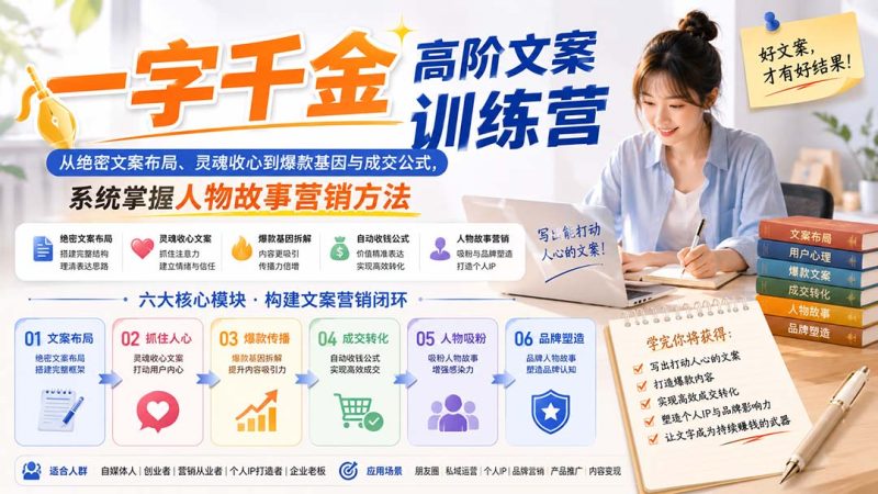 一字千金高阶文案训练营：从绝密文案布局、灵魂收心到爆款基因与成交公式，系统掌握人物故事营销方法-优优云网创