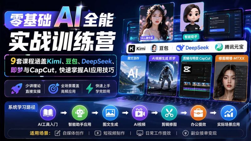 零基础AI全能实战训练营：9套课程涵盖Kimi、豆包、DeepSeek、即梦与CapCut，快速掌握AI应用技巧-优优云网创