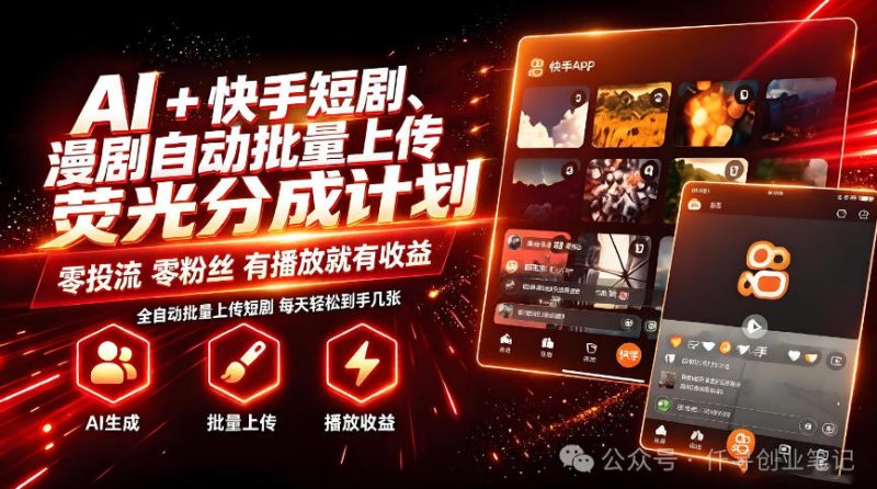 AI+快手短剧,荧光计划,短剧赛道批量上传,单号月收益3-4位数【揭秘】-优优云网创