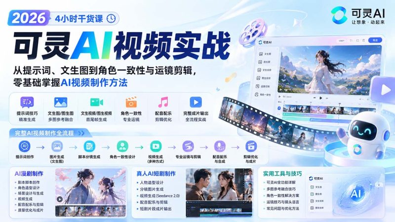 2026可灵AI视频实战-4小时干货课:从提示词、文生图到角色一致性与运镜剪辑,零基础掌握AI视频制作方法-优优云网创
