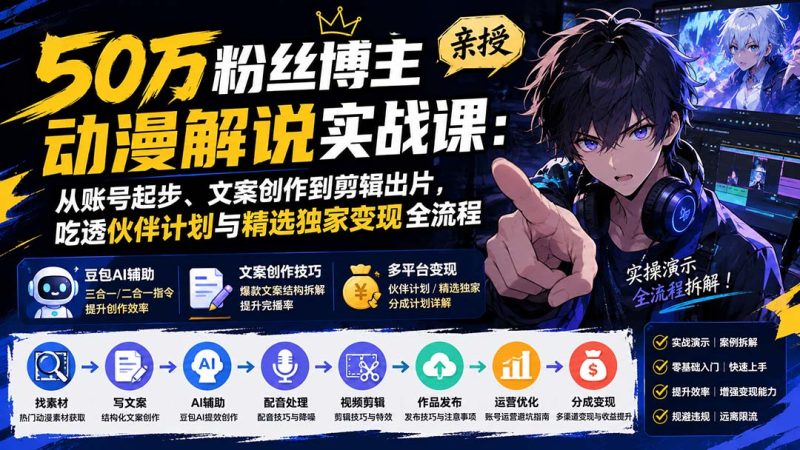 50万粉丝博主亲授动漫解说实战课:从账号起步、文案创作到剪辑出片,吃透伙伴计划与精选独家变现全流程-优优云网创