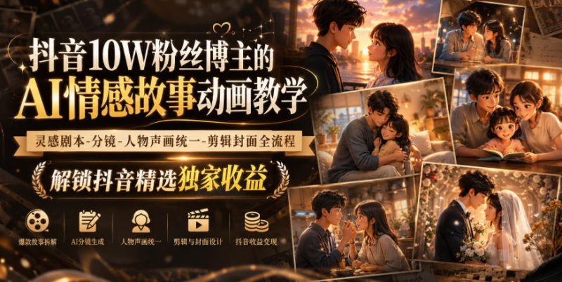抖音10W粉丝博主的AI情感故事动画教学,灵感剧本‑分镜‑人物声画统一‑剪辑封面全流程,解锁抖音精选独家收益-优优云网创