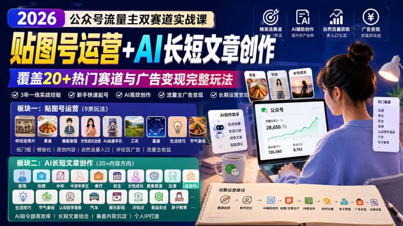 公众号流量主双赛道实战课：贴图号运营+AI长短文章创作，覆盖20+热门赛道与广告变现完整玩法-优优云网创