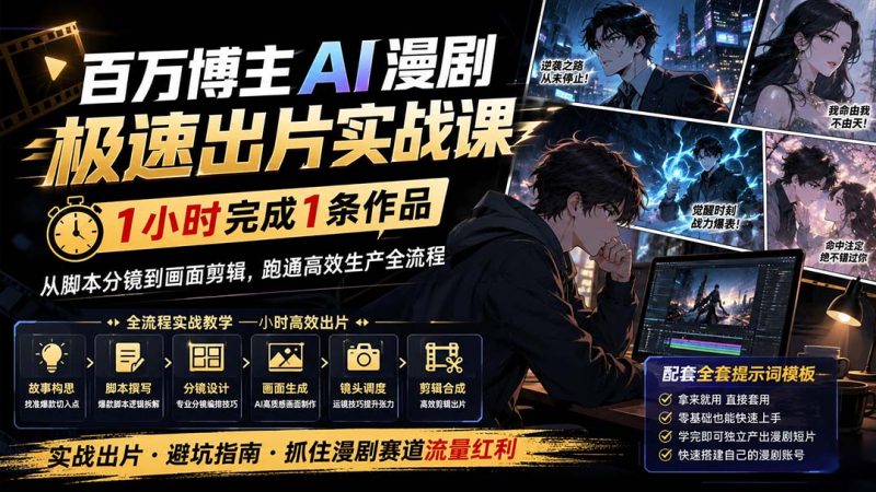 百万博主AI漫剧极速出片实战课：1小时产出条作品，从脚本分镜到画面剪辑，跑通高效生产全流程-优优云网创